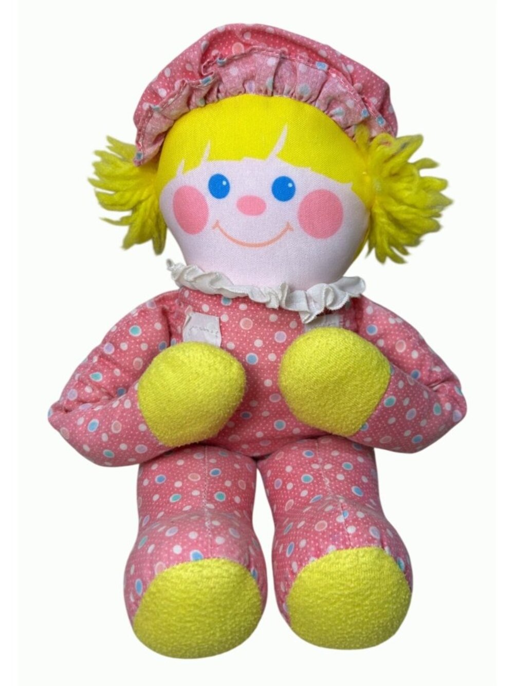 Vintage Fisher-Price 1351 Crib Friend Soft Doll Pink Polka Dot Yellow Hair 1984